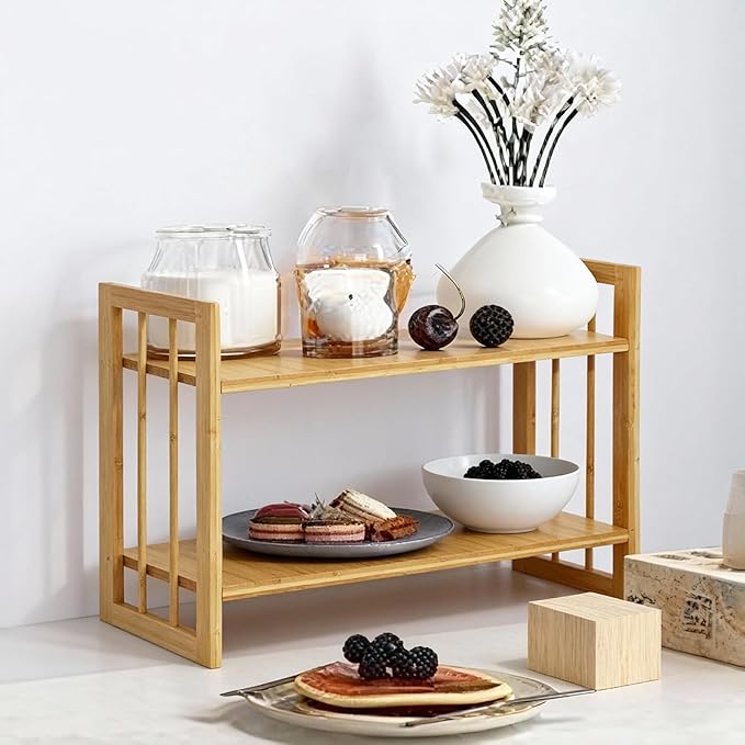 Desktop Shelf Organizer, 2 Tier Bamboo Desk Bookshelf, Desk Top Storage Rack for Office, Dorm, or Bedroom Decor, Small Tabletop Shelf for Books, Plants & Accessories