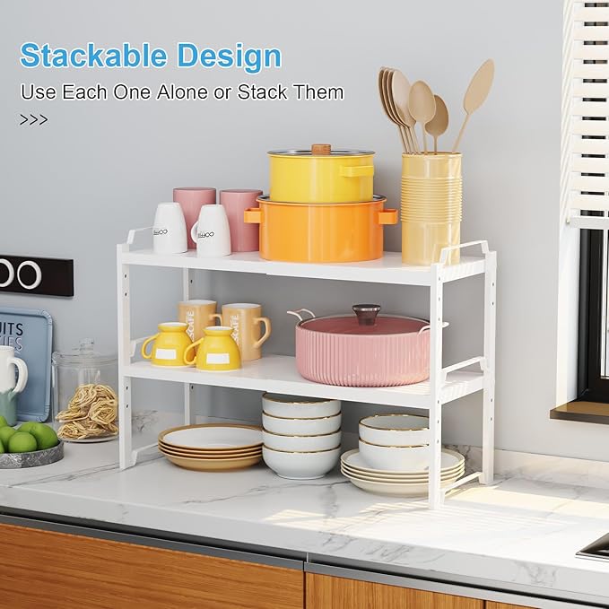 4 Pack Kitchen Cabinet Shelves Organizers, Kitchen Counter Storage Shelf Spice Rack, Expandable Length, Adjustable Height, Stackable, Sturdy 30LBS Bearing, Small Cupboard Tabletop Organizer Shelf Rack