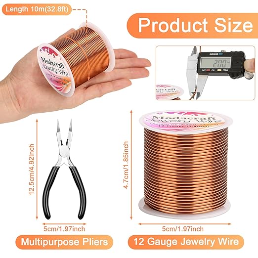 Premium 12 Gauge Copper Wire - 32.8ft Bendable Metal Craft Wire with 4-in-1 Pliers for Jewelry Making, Floral Design, Doll Making, and DIY Crafts Easy Wire Cutting, Shaping, and Wrapping
