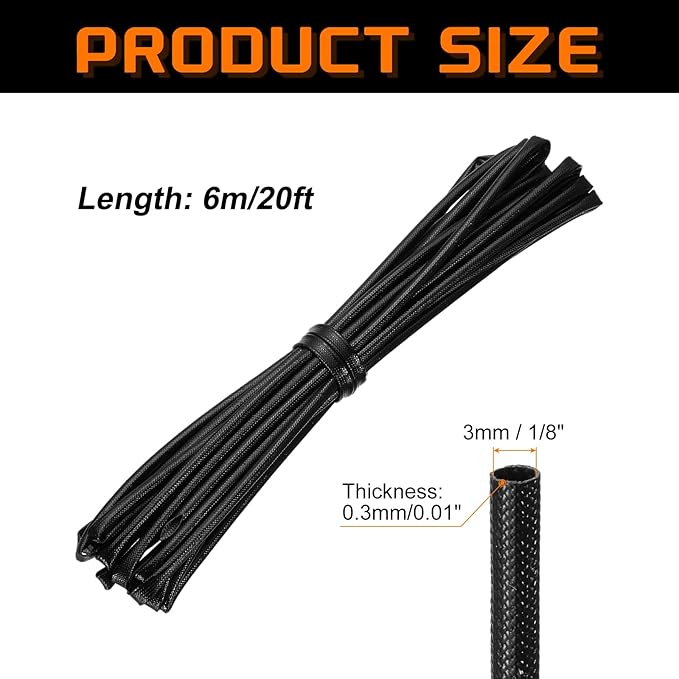 MECCANIXITY 20ft Braided Cable Sleeve, 1/8" ID 200C Heat Resistant 1500V Fiberglass Wire Insulation Cord Protector Organizer Wires Management for Motor Engine Fuel Line, Black