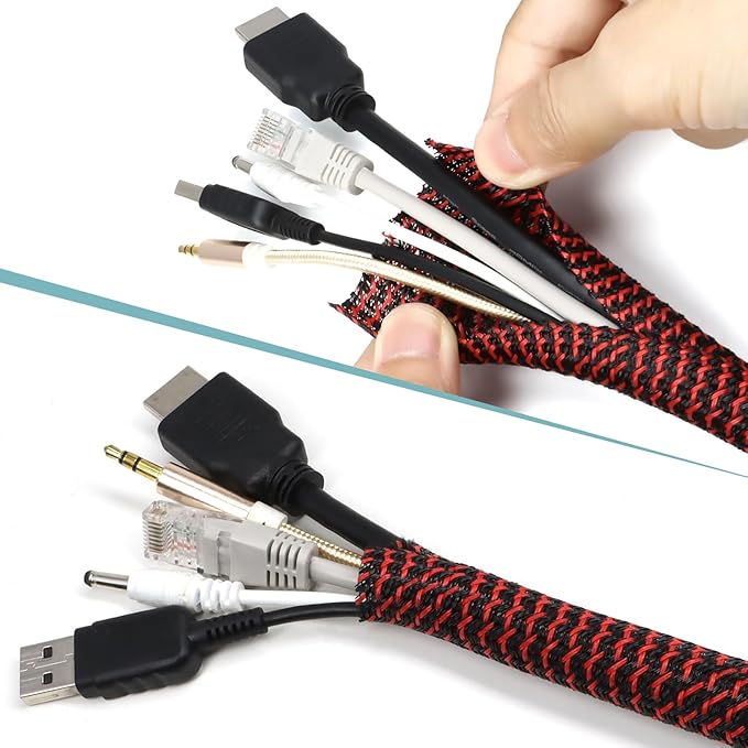 10ft PET Braided Cable Sleeve 3/8 inch(10mm) Wire Protector Cable wrap Wire Covers for Cords Cable Sleeves Cord Management Cable Management Sleeve(Red Black)