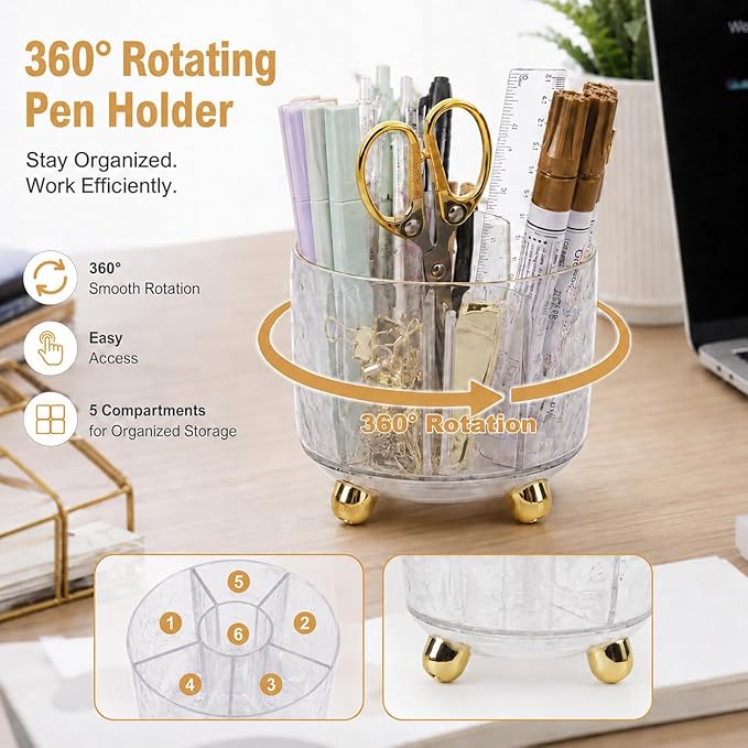 Office Desk Accessories Supplies - 11 Pcs Gold Desk Decor Set with 360-Degree Rotating Pen Holder, Women Cute Aesthetic Office Essentials Kit, Stapler Tape Dispenser, Acrylic Gift for School Home Work
