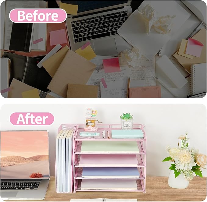 AUPSEN Pink Desk Organizers and Accessories, 5-Tier Desktop Paper File Organizer with Removable File Holder, Desk Accessories & Workspace Organization for Home Office Supplies (Pink)