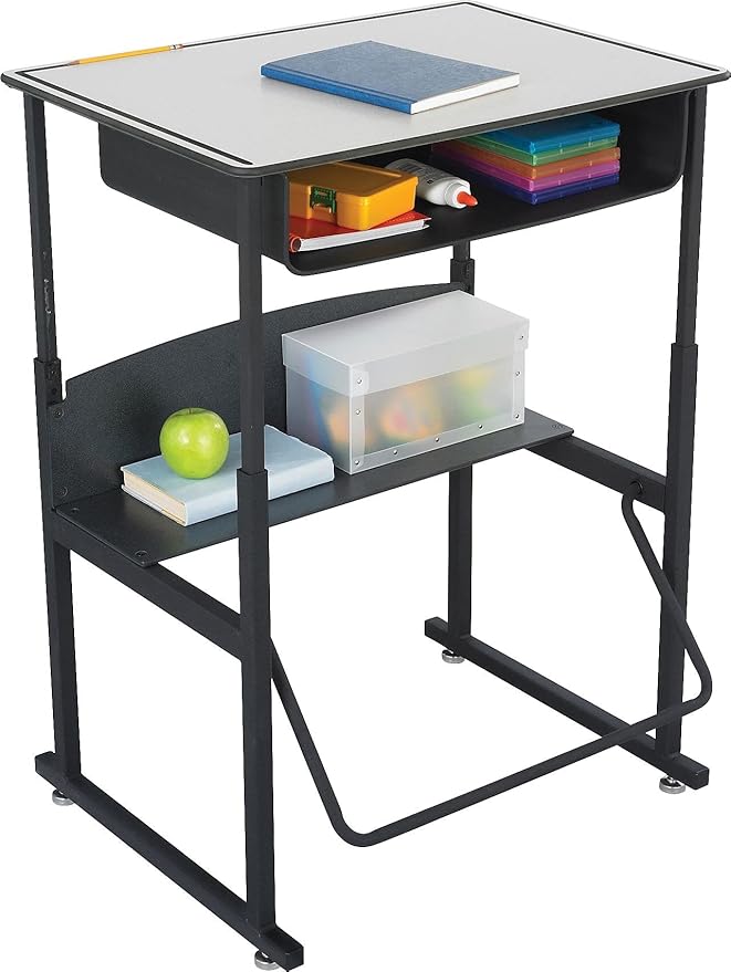 Safco Products 1204GR Alphabetter Adjustable-Height Desk Premium Desktop, Book Box, Swinging Footrest Bar, 28" x 20", Gray