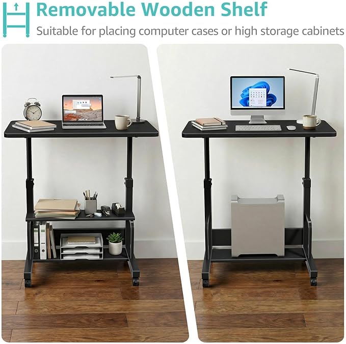 WINAZ Small Portable Rolling Kids Desk - 32" Mobile Laptop Desk with Wheels for Small Spaces, Height Adjustable C Shaped Side Table with 2-Tier Storage Shelves, Black