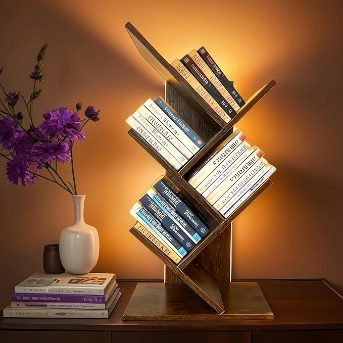 Godferyxin Bookshelf with Liting,Small Bookcase LED and Desktop Book Shelf for Office, Home or School Small Bookshelf for Wood Displaying Books, CDs, Magazines Wood Book Rack-Mini Bookcase