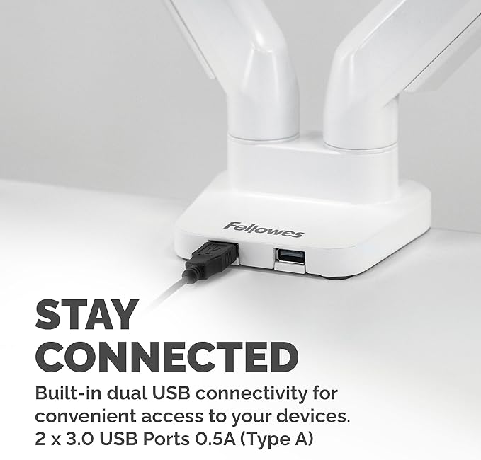 Fellowes Platinum Series Dual Monitor Arm for 40-Inch Monitors, Full Motion, 360° Rotation, VESA Mount with Grommet or Clamp, USB Ports, Ergonomic, White, 8056301