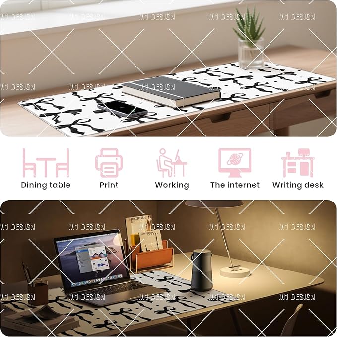 White Mouse Pad Black Bows, Cute Desk Mat Keyboard Pad for Computer Laptop Non-Slip Rubber Base, Stitched Edge, Black Office Pad Desk Accessories Girly Desktop Decor for Girls Women 23.6 x 11.8in