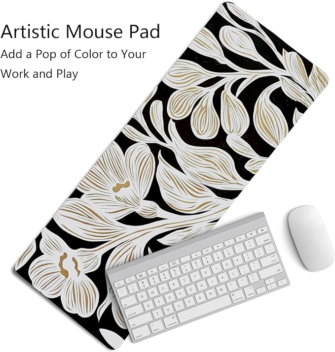 Black Beige Floral Mouse Pad,Vintage Botanical Desk Mat,Medieval Aesthetic Neutral Flower Large Mousepad for Home Office Dorm Desktop Decor,31.5x11.8 Inch
