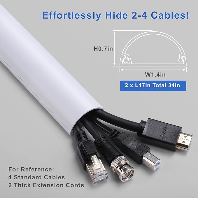 Cord Hider 34in, ZhiYo Cable Hider for 2-4 Cords, Cord Covers Wire Covers Wall Mount TV, Cable Cover Wall, White Wire Raceway, 2 x L17in, W1.4in x H0.7in