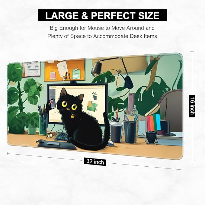 Desk Pad, 32" x 16" XXXL Extended Large Gaming Mouse Pad, Desktop Decor Desk Mat, Men Women Office Supplies and Accessories, Cute Anime Mouse Mat for Laptop & Keyboard, Office Black Cat