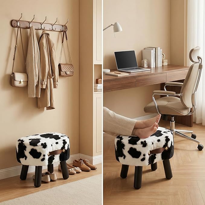 Small Footstool with Handle, Faux Fur Ottoman Foot Rest with Padded Seat, Curved Foot Stool with Wooden Legs, Portable Foot Rest for Living Room, Bedroom, Entryway, Cow