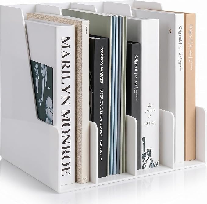 LALOBLUE White Vertical File Organizer, 4 Section Magazine Holder for Desk, Desktop File Folder Rack for Books, Magazines, Documents and Notebooks, Office Home School