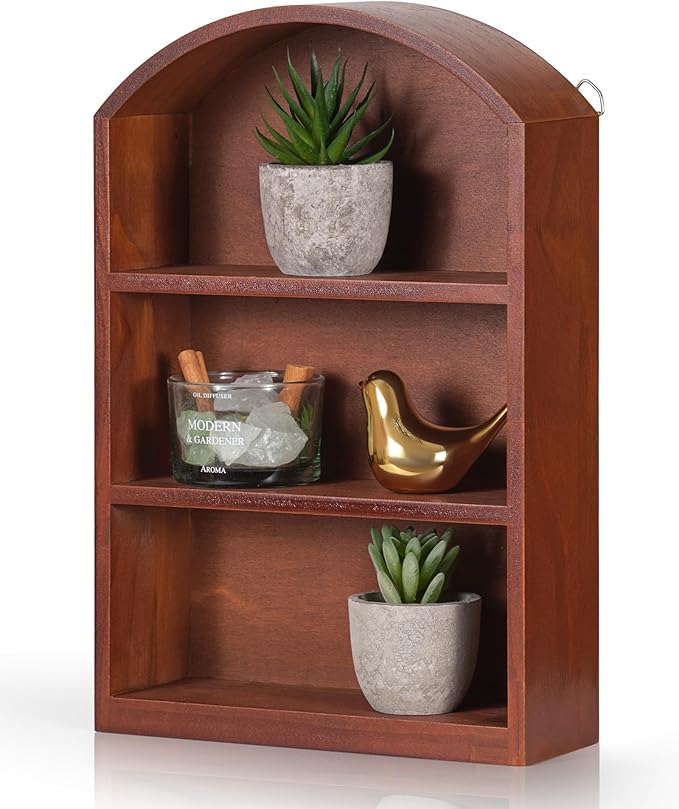 Arched Trinket Shelf, 9" x 13.5" Wooden Display Shelf for Wall or Desk, Vintage Shadow Box with Shelves for Collectibles, Mini Figures, Perfumes & Crystals - Rustic Brown