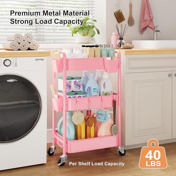 3 Tier Rolling Cart on Wheels, Metal Utility Storage Cart with Wheels, Three Tiered Craft Carts Organizer with Hanging Cups, Hooks, Mesh Basket for Bedside, Kitchen, Bathroom, Office, Art, Snack, Pink