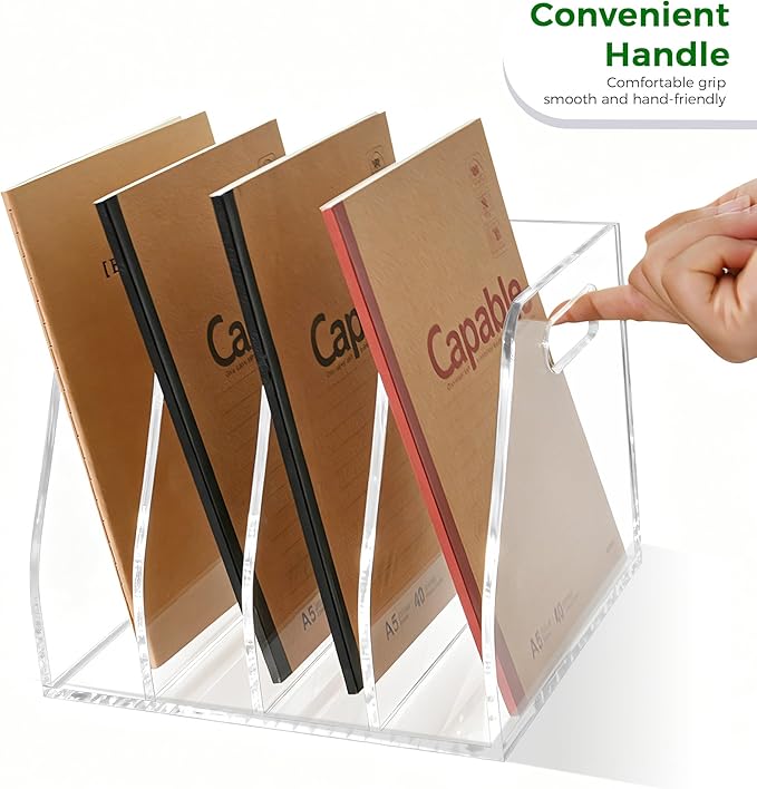 Acrylic File Folder Holder for Desk with Handles, 4-Slot Clear Desk Organizers and Accessories, Vertical Magazine File Sorter & Binder Holder, Desktop Book Organizer for Office, School & Home
