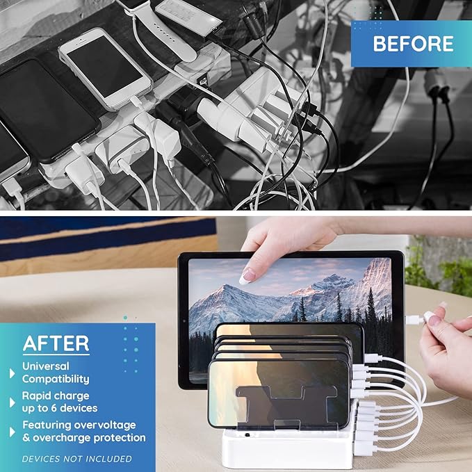 Charging Station for Multiple Devices – 6-Port USB Charging Dock for Apple & Android – Fast Multi-Charger Organizer for Phones, Tablets & More (White)