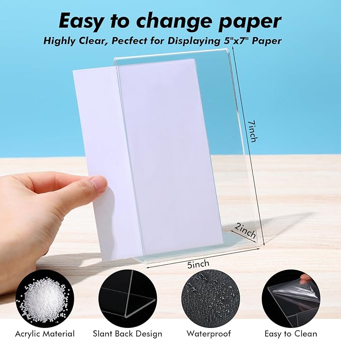 Sanwuta 2 Pcs 5 x 7 Inch Acrylic Sign Holder, Slant Sign Display Stand, Transparent Flyer Holder Frame Plastic Document Display for Workers Teachers Office Home Menu Desktop