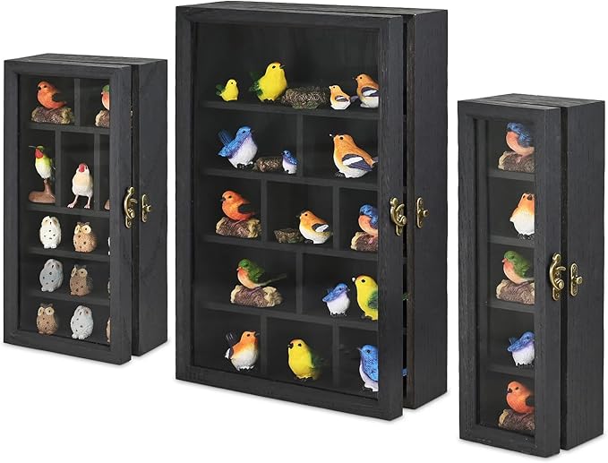 Ikee Design 3 Pcs Set Wall-Mounted Wooden Shadow Cubby Box Display Shelf with 24 Compartments with Door Storage Display Case for Collectibles, Trinkets, Mini Figures, Black Color