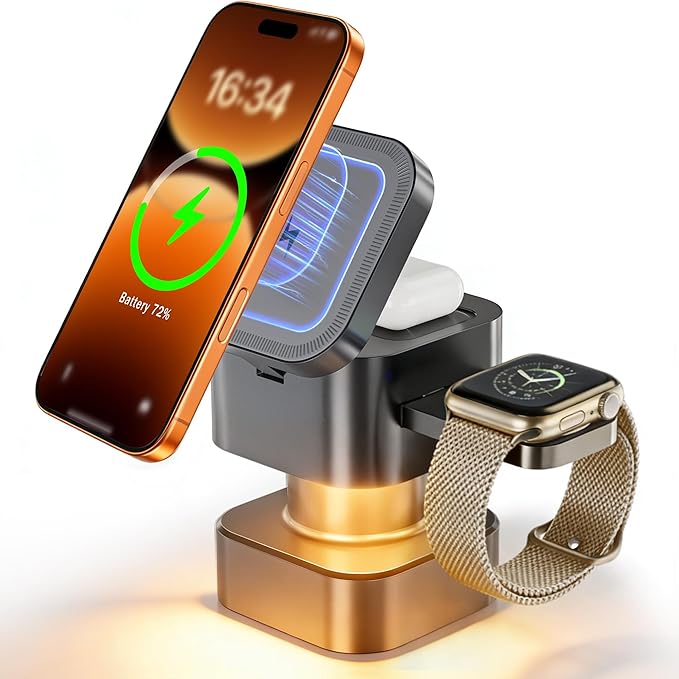 2026 4 in 1 Wireless Charging Station for Apple, 15W Fast Magnetic Charger Compatible with Magsafe for iPhone 17 16 15 14 13 12 Pro Max Plus, Apple Watch Series & AirPods 4 3 2 Pro(No Adapter)