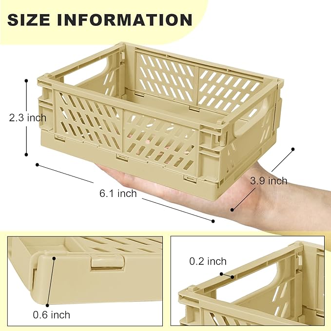 Mini Pastel Plastic Storage Bins 2Pcs Foldable Pastel Crates Plastic Basket Colorful Storage Containers Baskets for Classroom Kitchen Office Bedroom Desktop Home Decor (Yellow 5.8" x 3.8" x 2.2")