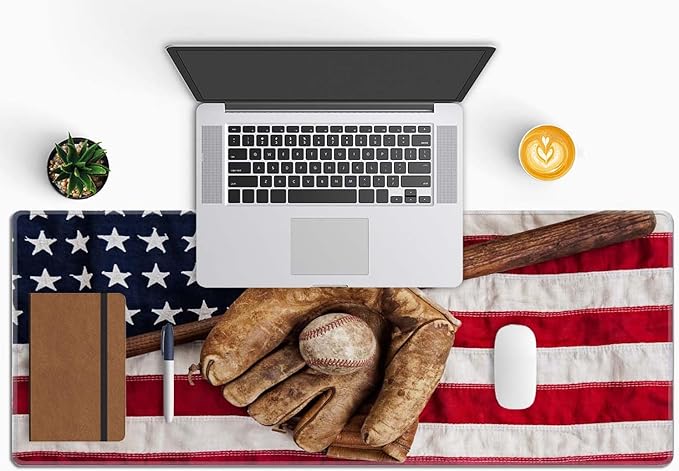 Old Baseball with USA American Flag Desk Pad Mouse Pad,Large Gaming Mouse Mat with Stitched Edges,Non-Slip Waterproof Rubber Base Mous Mat for Office Computer Keyboard Laptop Home(31.5X11.8 in)