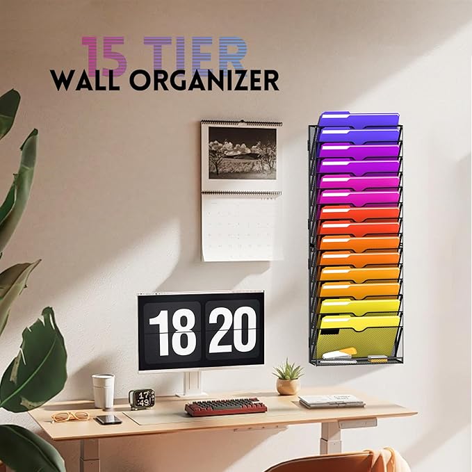 15-Tier Wall File Organizer, Wall File Holder Mesh Mail Organizer for Papers, Folders, Letters, Magazine Rack for Office Home Classroom, Black
