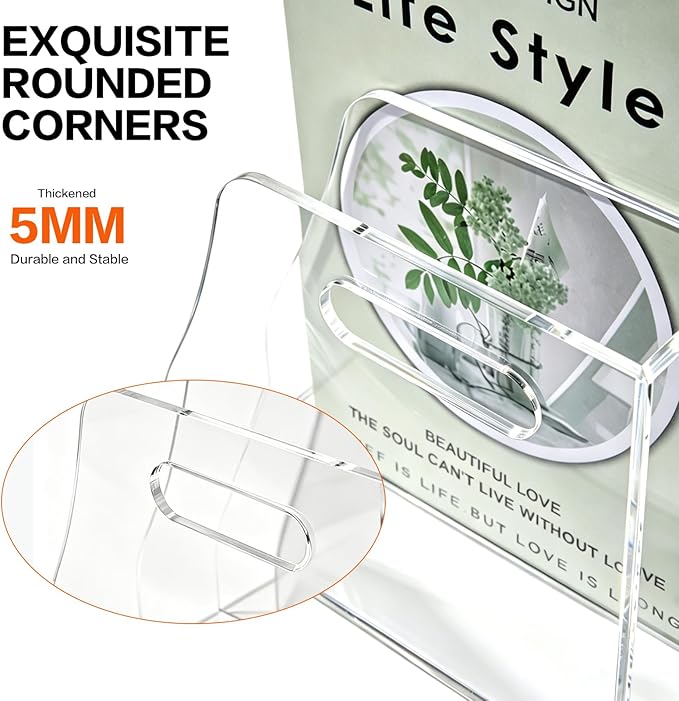 Acrylic Magazine File Holder, 5 Vertical Compartments Desk Document Sorter Organizer, Clear Bookend File Sorter Holder for Office, Documents, Tablets, Magazines, Books