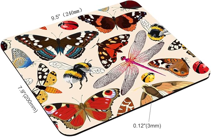 Rectangle Pink Vintage Insects Mouse pad, Bugs Pattern Mousepad, Butterflies Dragonflies Ladybugs Bees Non-Slip Rubber Base Mousepads, Computer Mouse Pads for Wireless Mouse 9.5×7.9×0.12 inches