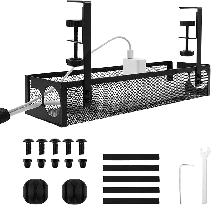 Under Desk Cable Tray, Easy to Install Cable Management Tray, No Drill Under Desk Wire Holder, Space Saving Cord Holder Shelf for Office Home Dormitory(Black)
