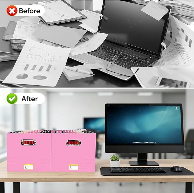 BALEINE File Organizer Box, Cardboard File Folder Organizer with Handle for Letter Size, Portable Collapsible Hanging Filing Box for Home Office Document Storage (1 Pack, Large Pink)