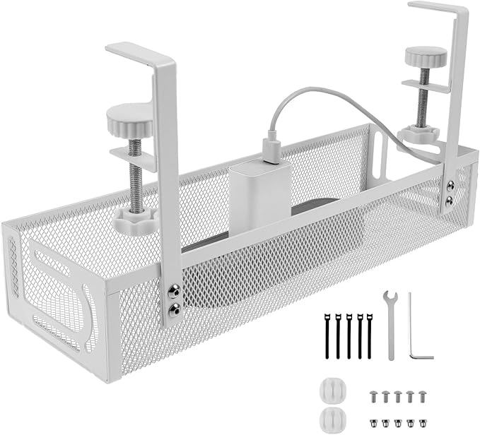 Under Desk Cable Management Tray, No Drill Cable Rack with Clamp Mount, 15" Mesh Wire Management Tray, Metal Under Desk Wire & Cord Organizer for Office Home Cord Hider (White)