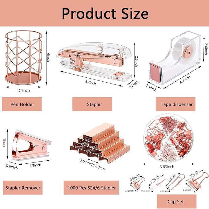 suniya Office Supplies,Rose Gold Desk Accessories,with Stapler,Tape Dispenser,Pen Holder,Scissors,Phone Stand,Staple Remover,Ballpoint Pen,Clear Tape,Staples,Ruler,Clips,Best Gift for Business or Boss