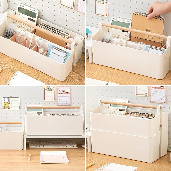Vidifor Art Supply Organizers Caddy with Handle, Desk, Makeup Caddy and Tote (White+Pink, Large)