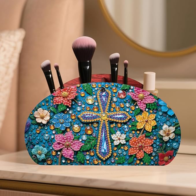 POETRYDRAW DIY Cross Diamond Art Painting Wooden Storage Box – Multi-Grid Moon Fan Makeup Brush Organizer, Double-Sided Drill Tabletop Holder for Women, Office & Home Decoration