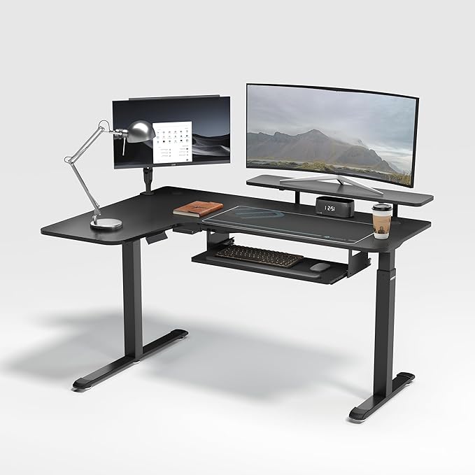 EUREKA ERGONOMIC 55 Inch L Shaped Electric Standing Desk, Height Adjustable Computer Gaming Desk with Keyboard Tray, Mouse Pad, Home Office Work,Carbon Fiber Black, Left Side