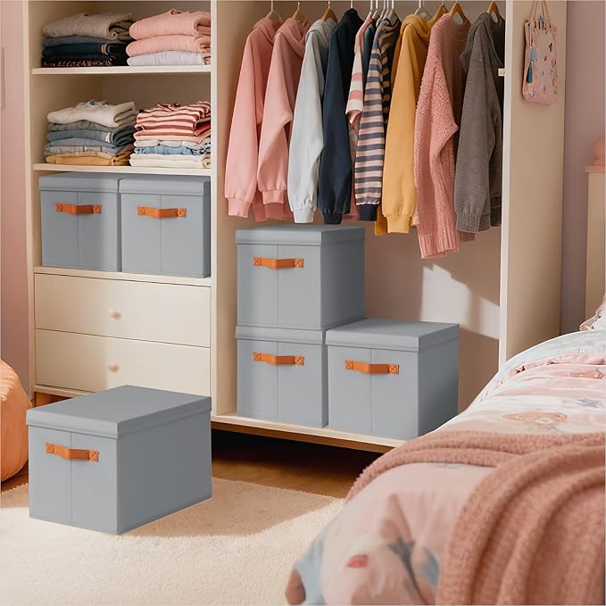 Homsorout Storage Bins with Lids - Fabric Storage Baskets for Shelves, 6 Pack Foldable Decorative Boxes with Handles, Stackable Organizer Bins for Home, Nursery, Dorm, Grey