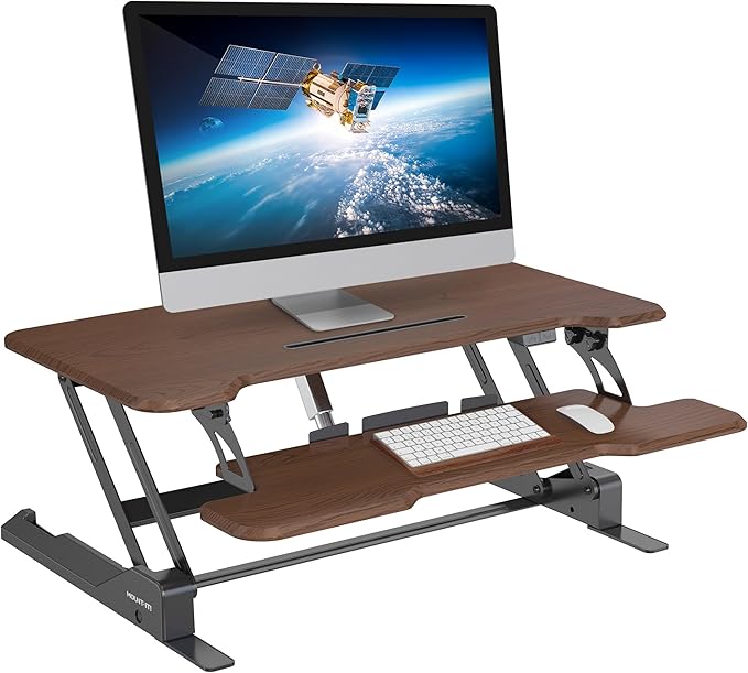 Mount-It! Electric Standing Desk Converter with 38" Tabletop, Height Adjustable Desk Riser, Motorized Desk Riser with Keyboard Tray and Device Slot, Fits Monitor & Laptop, Dark Walnut