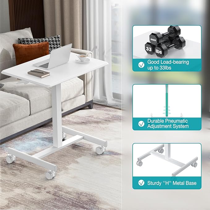 DUMOS Small Rolling Desk Mobile Standing Portable Laptop PC Table with Wheels Adjustable Height Computer Workstation for Home Office, Space Saving Desk for Bedroom Study Use, White
