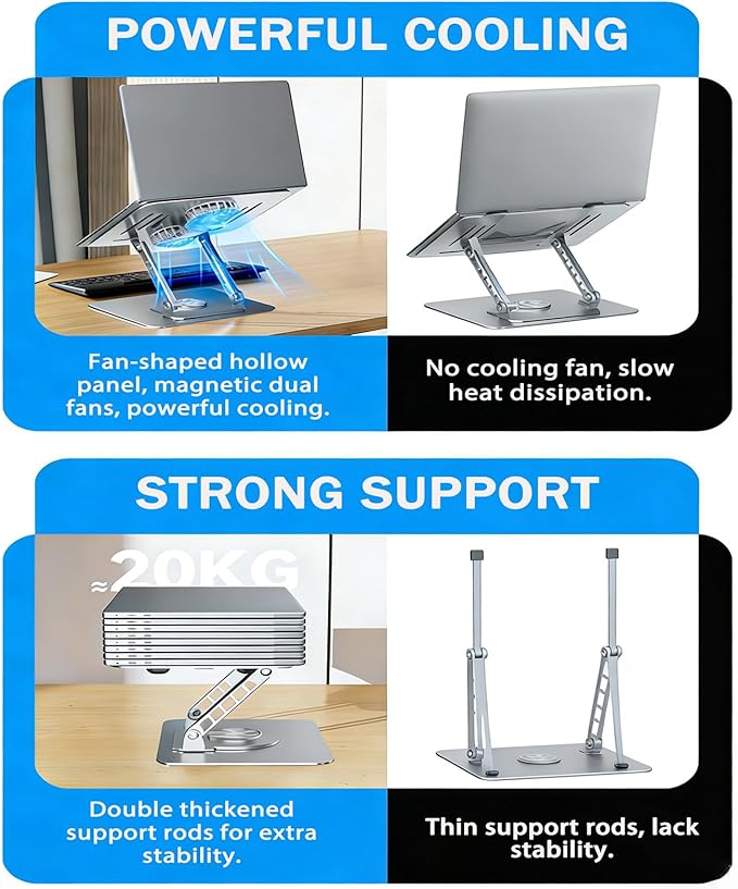 Laptop Stand with Cooling Fan, 360° Rotating Base Aluminum Laptop Riser, Foldable Ergonomic Computer Stand for Desk, Height Adjustable Notebook & All Laptops Up to 17.3" (Silver)
