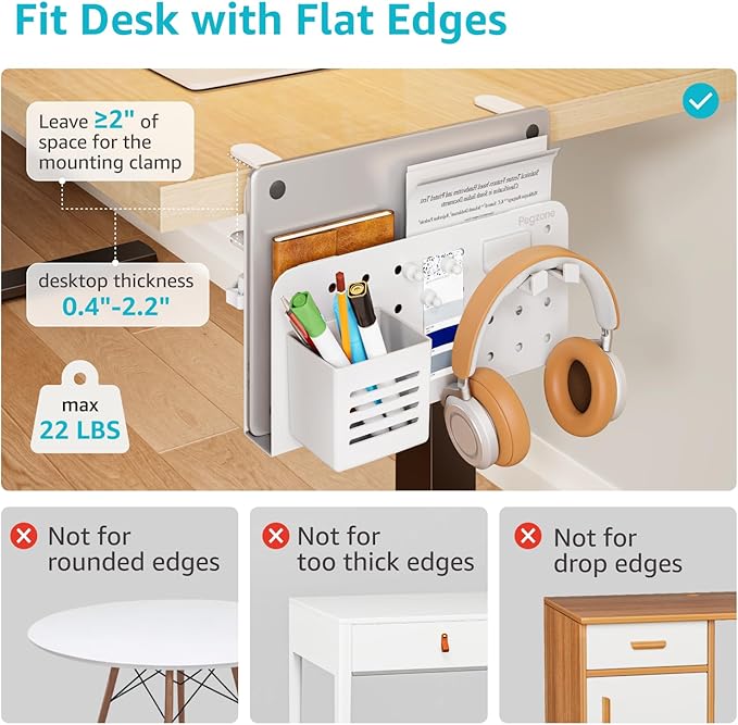 PEGZONE Desk Side Storage Organizer, No Drill Under Desk Laptop Holder, Clamp on Desks Shelf with Pegboard Accessories, Hanging Laptop Mount, Fits Flat Edge 0.4" to 2.2", White