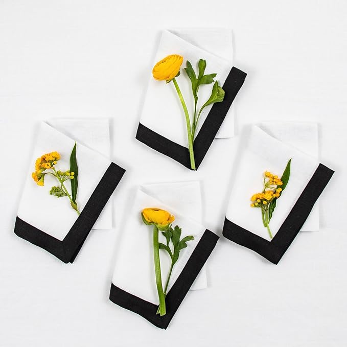 Solino Home Linen Cloth Napkins Set of 4-100% Pure Linen Black and White Dinner Napkins 20 x 20 Inch for Spring, Summer - Classic, Handcrafted and Machine Washable