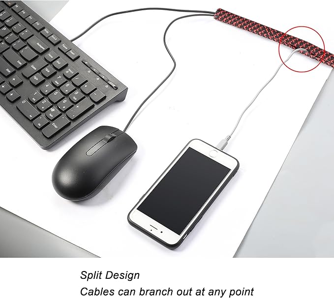 10ft - 1/2 inch Braided Cable Management Sleeve Cord Protector - Self-Wrapping Split Wire Loom for TV/Computer/Home Theater/Engine Bay - Black/Red