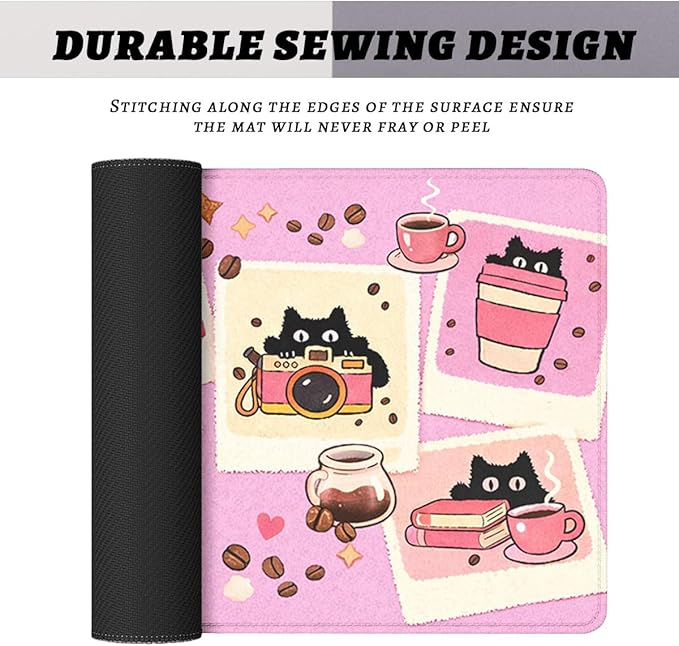 Black Cat Gaming Mouse Pad Cute Coffee Art Large Gaming Mouse Mat with Stitched Edges,Non-Slip Waterproof Rubber Base Mous Mat Office Computer Keyboard Laptop 31.5"x11.8"