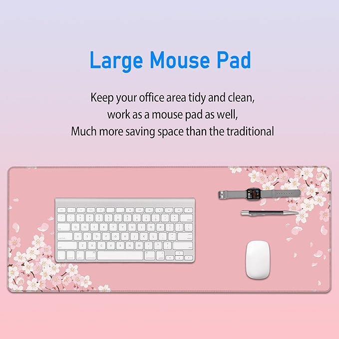 Large Pink Mouse Pad,Japanese Pastel Cherry Blossom Gaming Mousepad,Sakura Flowers Aesthetic Extended Keyboard Desk Protecter Mat for Women Girl,31.5x12in