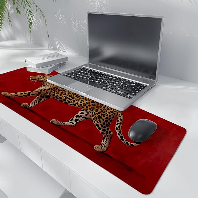 Vintage Red Leopard Large Mouse Pad,Bold Wild Animal Cheetah Desk Mat,Maximalist Luxury Aesthetic Wildlife Cat Mousepad for Home Office Dorm Decor,31.5x11.8 Inch