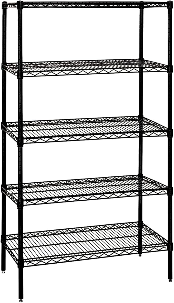 Quantum Storage Systems WR86-3648BK-5 Wire Shelving Starter Kit, 48" W x 36" D x 86" H, 600 lbs Capacity, Carbon Steel, Epoxy Coated, Black, NSF