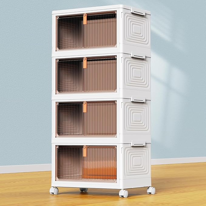 YFXCVSL 4 Tier Plastic Storage Bins with Lid 23QT, Stackable Storage Containers with Wheels, Folding Storage Boxes, Stackable Storage Bins, Organizers and Storage for Living Room,Office,Dorm