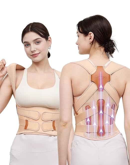 Kepwaa Posture Corrector for Women and Men, 5 Full Back Support Brace Rods, Adjustable Shoulder Straightener, Relief for Upper and Lower Back, Neck, Lumbar, Scoliosis, Hump, Beige, Small