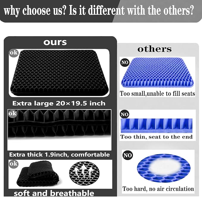 Plus Size Gel Seat Cushion for Long Sitting, Extra Large and Thick, Seat Cushion for Back, Sciatica, Hip, Tailbone Pain Relief, Used for The Office, Wheelchair, Car, Recliner, Stadium, Kayka.(Black)